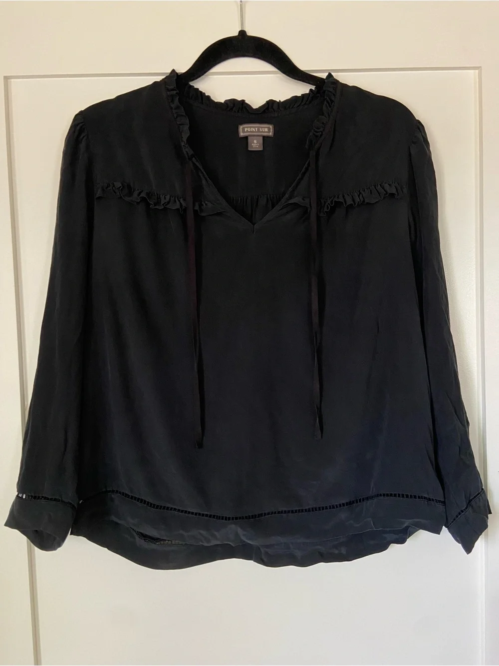 J. Crew Point Sur Black 100% Silk Blend Ruffle Peasant Popover Blouse Small